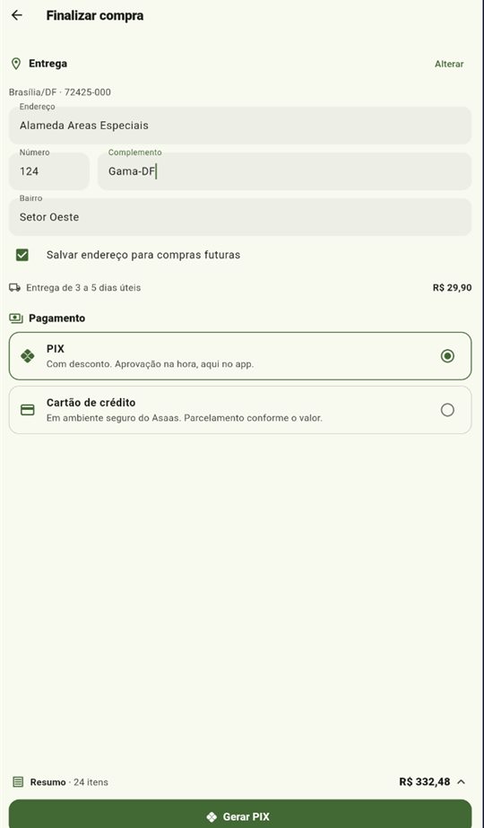 Finalizar compra com endereço completo e escolha entre PIX e cartão