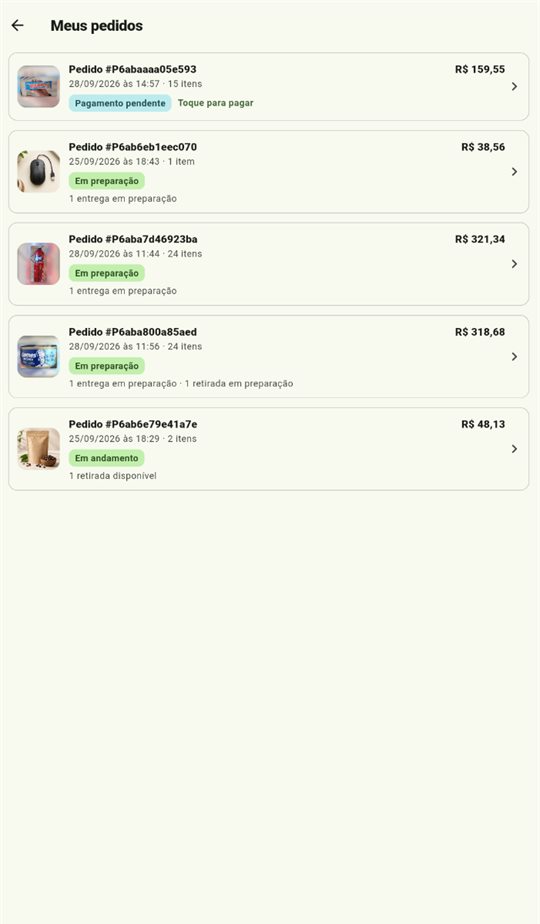 Lista de pedidos com status em preparação e em andamento