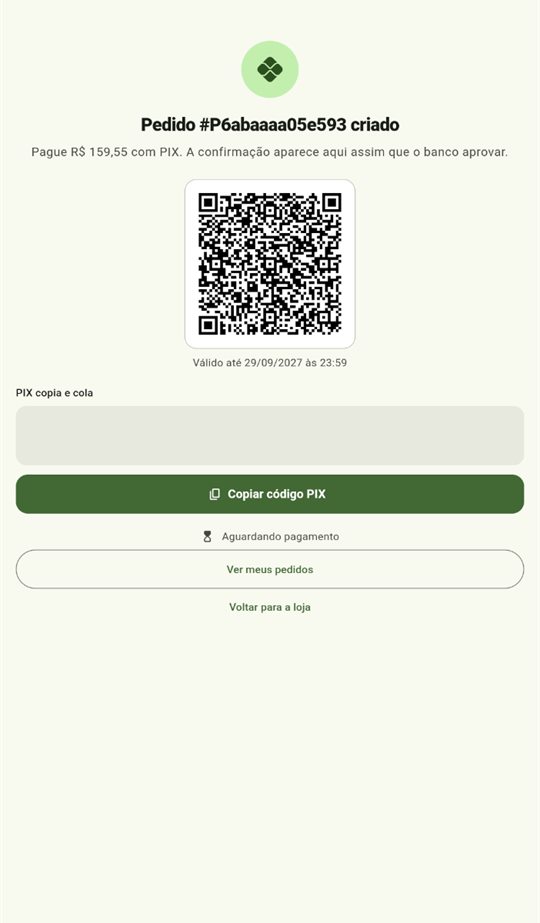 Tela de pedido criado com QR Code PIX, botão copiar código e status aguardando pagamento