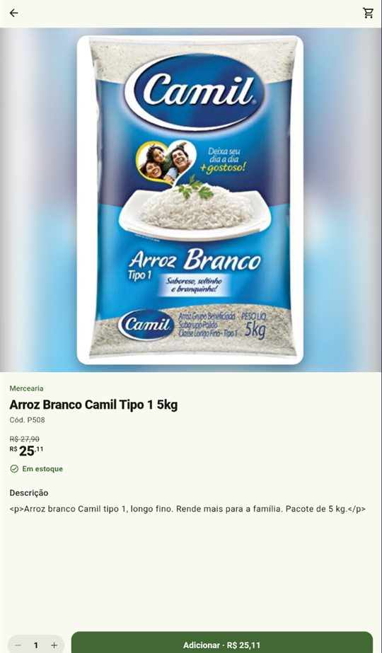 Tela de produto Arroz Branco Camil 5 kg com preço de R$ 27,90 por R$ 25,11, em estoque e botão adicionar